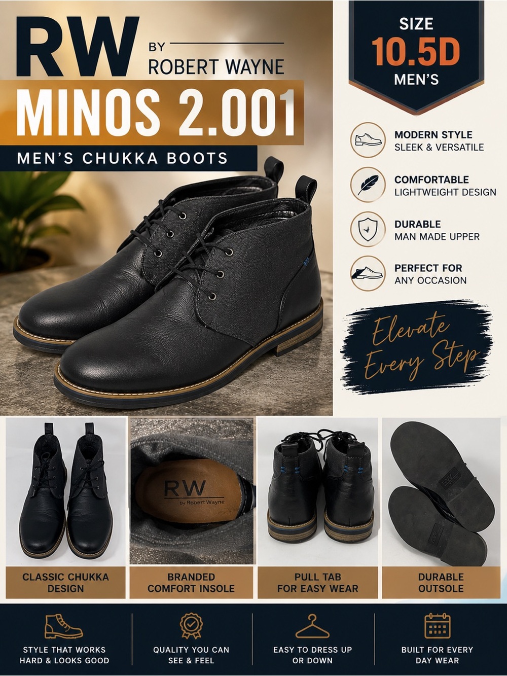 RW by Robert Wayne Minos 2.001 Men’s Chukka Boots Black Size 10.5D